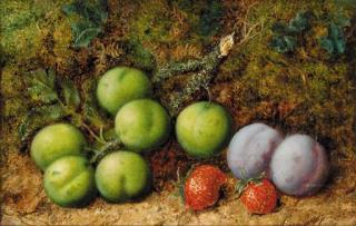 George Clare - Plums and strawberries on mossy bank