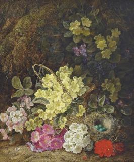 George Clare - Primroses, Forget-Me-Nots, Geraniums, A Wicker Basket And Eggs In A Nest On A Sandy Bank