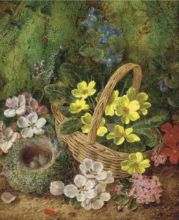 George Clare - Primroses, primulas, apple blossom with a bird\'s nest and eggs and a wicker basket, on a mossy bank