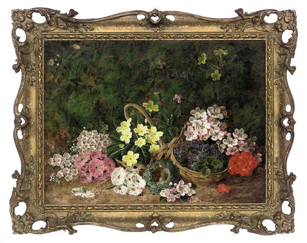 George Clare - Primroses, violets and a bird\'s nest on a mossy bank