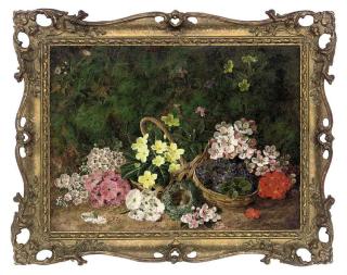 George Clare - Primroses, violets and a bird\'s nest on a mossy bank