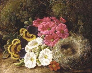 George Clare - Primulas and a bird\'s nest on a mossy bank