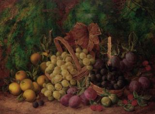 George Clare - Red and white grapes, plums, raspberries, quinces and greengages on a mossy bank