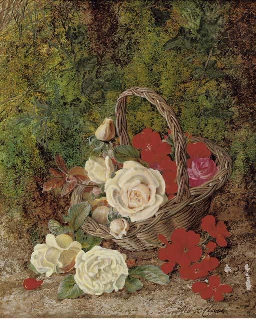 George Clare - Roses And Geraniums In A Wicker Basket Before A Mossy Bank