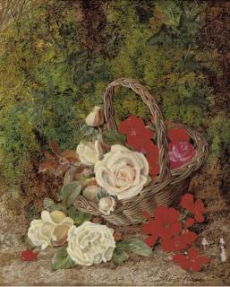 George Clare - Roses And Geraniums In A Wicker Basket Before A Mossy Bank