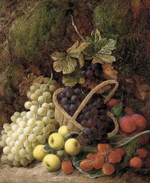 George Clare - Strawberries, apples, plums, and grapes in a wicker basket, on a mossy bank