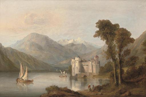 George Clarkson Stanfield - Figures Resting Beside An Alpine Lake, A Castle Beyond