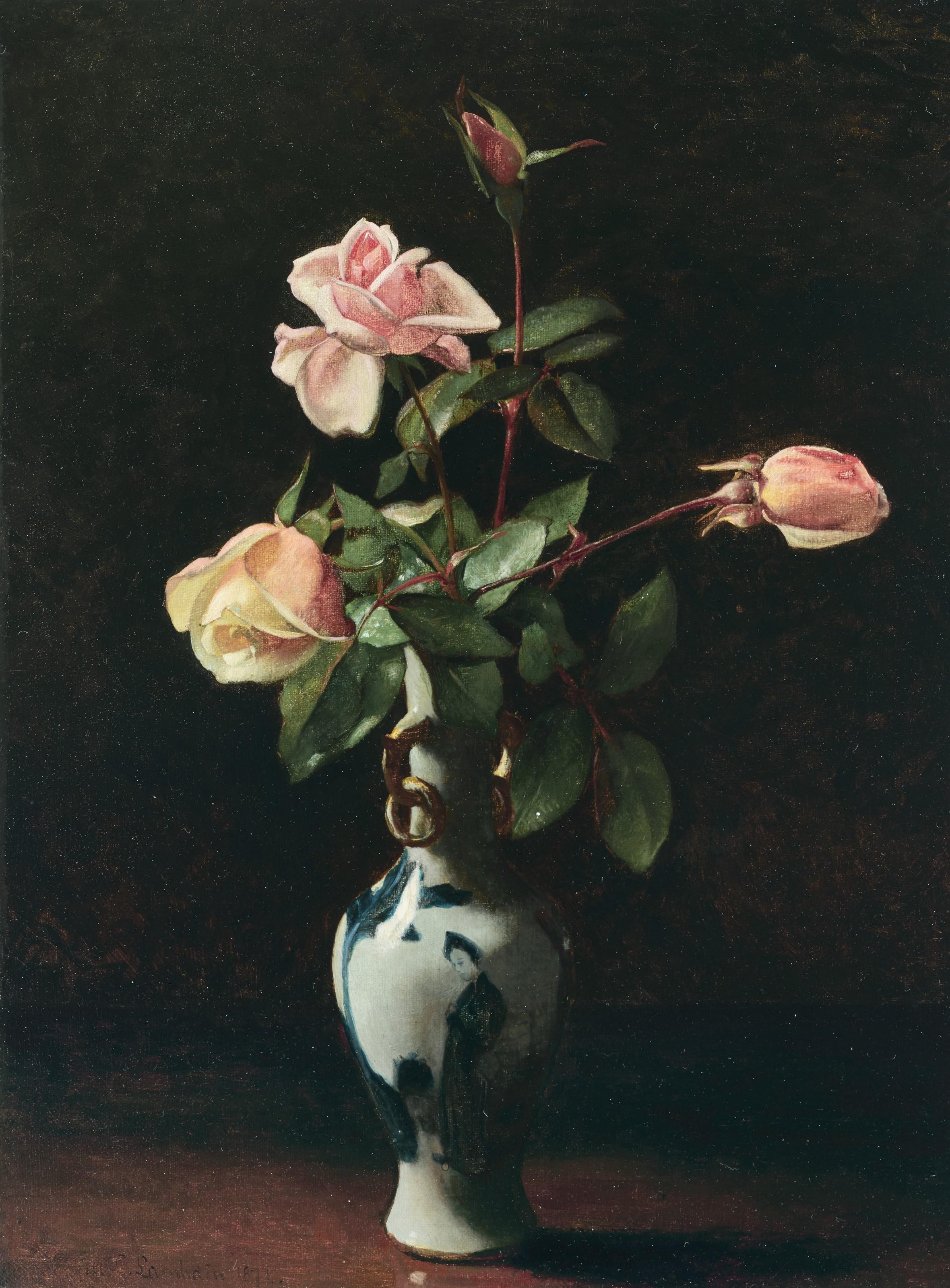 George Cochran Lambdin - Roses In A Chinese Vase