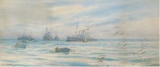 George Cochrane Kerr - A Cruiser Squadron Offshore With Boat Crews Heading For The Beach