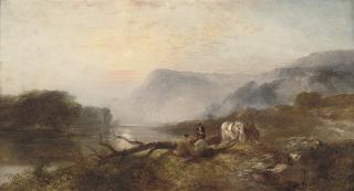 George Cole - Travellers resting on a river bank in an upland landscape