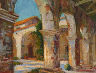 George Demont Otis - Mission Portico and Courtyard 20 x 26 in. framed 25 1/2 x 31 1/2 in.