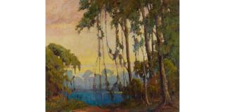 George Demont Otis - Woodland Harp 30 x 36 in. framed 37 1/2 x 43 1/2 in.