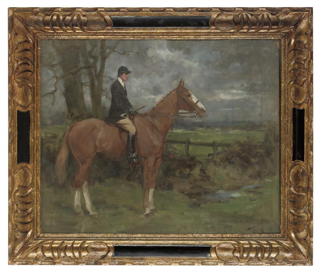 George Denholm Armour - A huntsman on a chestnut horse in an extensive landscape