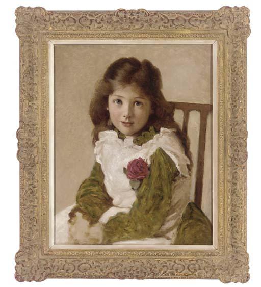 George Dunlop Leslie, R.A. - Portrait of the artist\'s daughter, half-length, in a green dress with white pinafore