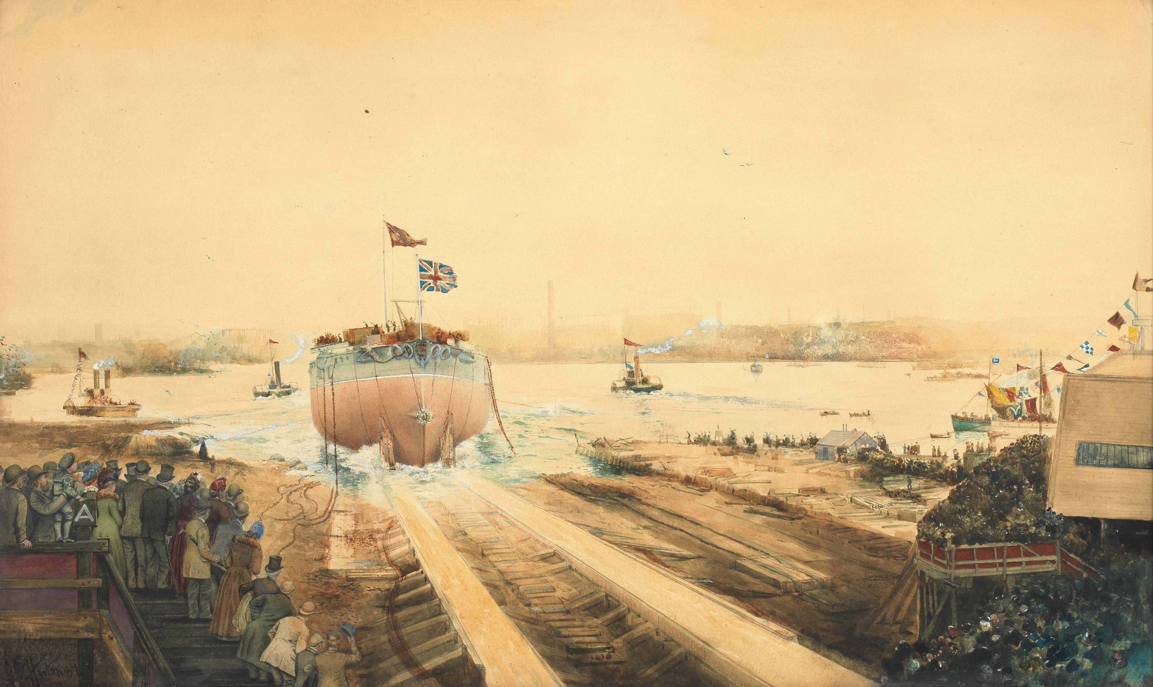 George Edward Horton - Launch of HMS Victoria from the Elswick shipyard of Sir W. G. Armstrong Whitworth and Co. Ltd Newcastle-upon-Tyne 1887