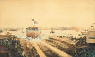 George Edward Horton - Launch of HMS Victoria from the Elswick shipyard of Sir W. G. Armstrong Whitworth and Co. Ltd Newcastle-upon-Tyne 1887