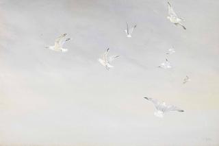 George Edward Lodge - Herring gulls struggling against a heavy wind