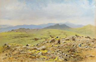 George Edward Lodge - Red deer grazing on an extensive moorland landscape