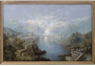 George Edwards Hering - Figures on a balcony before a cappriccio landscape