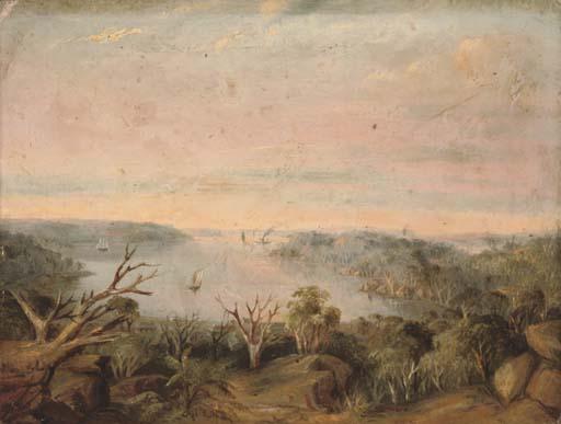 George Edwards Peacock - View from above Double Bay with Middle Head and North Head in the distance