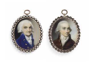 George Engleheart - A double-sided portrait miniature of an elderly gentleman in blue coat with brass buttons, powdered hair, and a young gentleman in brown coat, knotted cravat, powdered hair