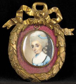 George Engleheart - A lady, facing left in a pale-blue dress with a bow at corsage, fichu, a blue ribbon and cap in her high piled powdered hair