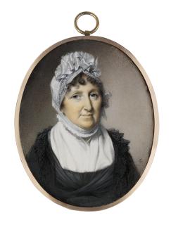 George Engleheart - A lady, in black dress and lace shawl, white fichu and lace bonnet with ribbon bow