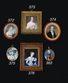 George Engleheart - A Lady, wearing an elaborate hat trimmed with feathers, frilled lace fichu and powdered curled hair, oval giltmetal frame