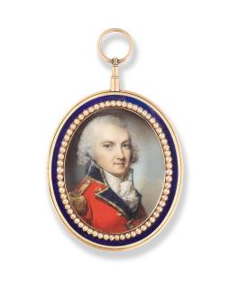 George Engleheart - A portrait miniature of an officer, wearing red coat with blue collar and facings edged with gold trim, gold epaulettes and brass buttons, white chemise, stock and lace cravat, his hair powdered