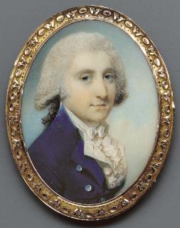 George Engleheart - A young gentleman, facing right in blue coat with silver buttons, white waistcoat and frilled cravat, powdered wig en queue