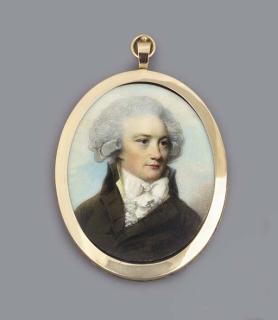 George Engleheart - A young gentleman, facing right in olive-green coat, yellow waistcoat, frilled lace cravat, powdered wig