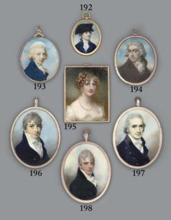 George Engleheart - A young gentleman, in blue coat with black velvet collar, white waistcoat and frilled cravat, powdered hair; sky background