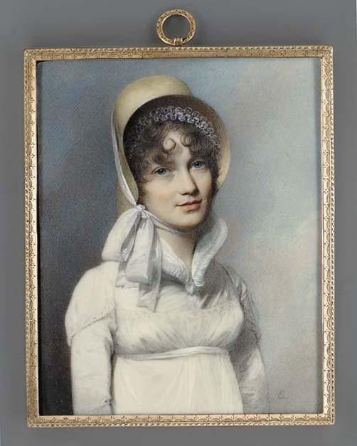 George Engleheart - A young lady, facing right in low-cut white dress, white shirt with high standing lace-bordered collar, lace cap and straw bonnet tied with white ribbons in her dark brown curling hair