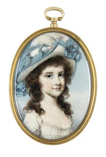 George Engleheart - Portrait Of A Young Girl Wearing A Blue Trimmed Hat, Circa 1785