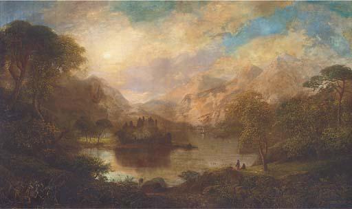George F. Buchanan - Figures On The Bank of A Loch, With A Ruined Castle Beyond.