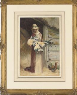 George F. Carline, R.B.A. - A woman holding a cockerel