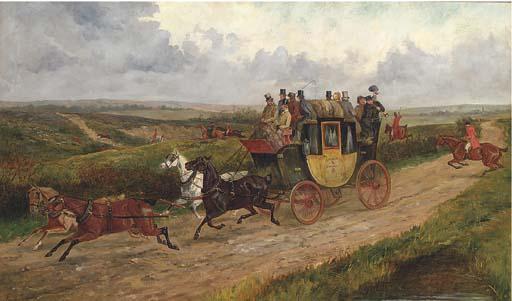 George Finch Mason - The London To Norwich Coach With A Hunt Beyond