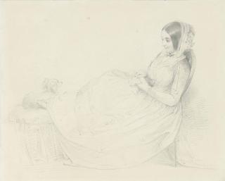 George Frederick Watts, O.M., R.A. - Portrait of Emma Powys, later Lady Lilford, reclining on a chaise longue with her dog