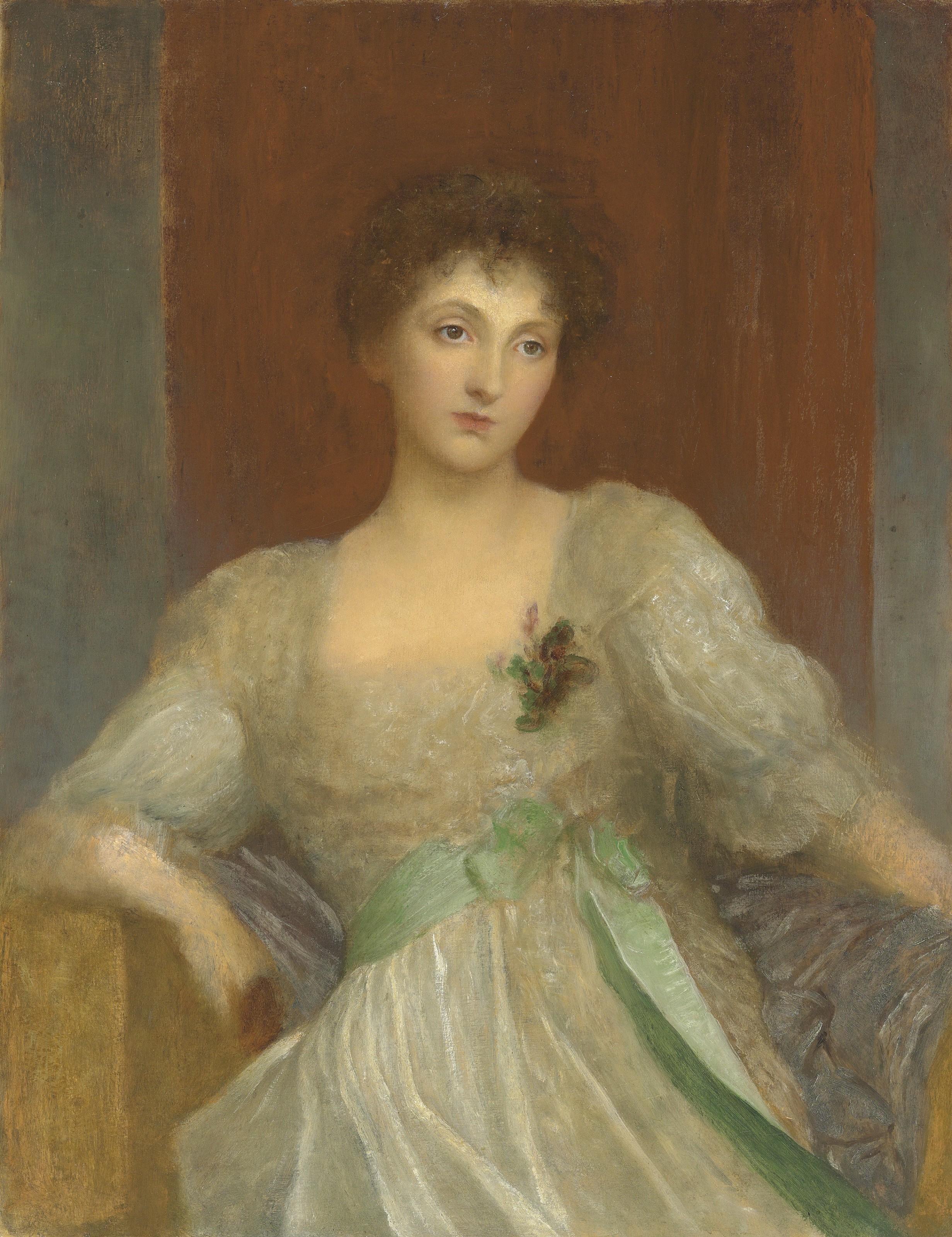 George Frederick Watts O.M., R.A. - Portrait of Norah Lindsay (1873-1948), three-quarter-length, in a white dress and green sash