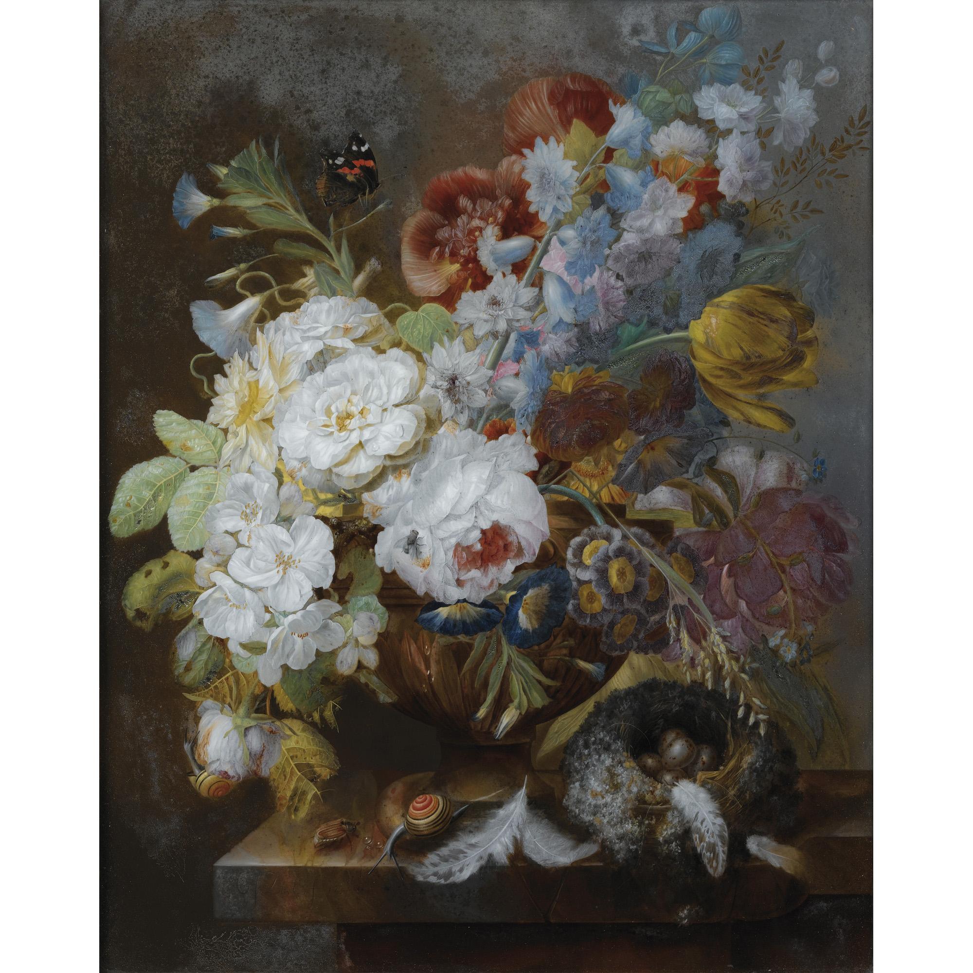 George Frederik Ziesel - Nature Morte Au Vase De Fleursgeorge Frederik Ziesel ; Still Life With Flowers ; Signed And Dated Lower Left ; Oil On Glass