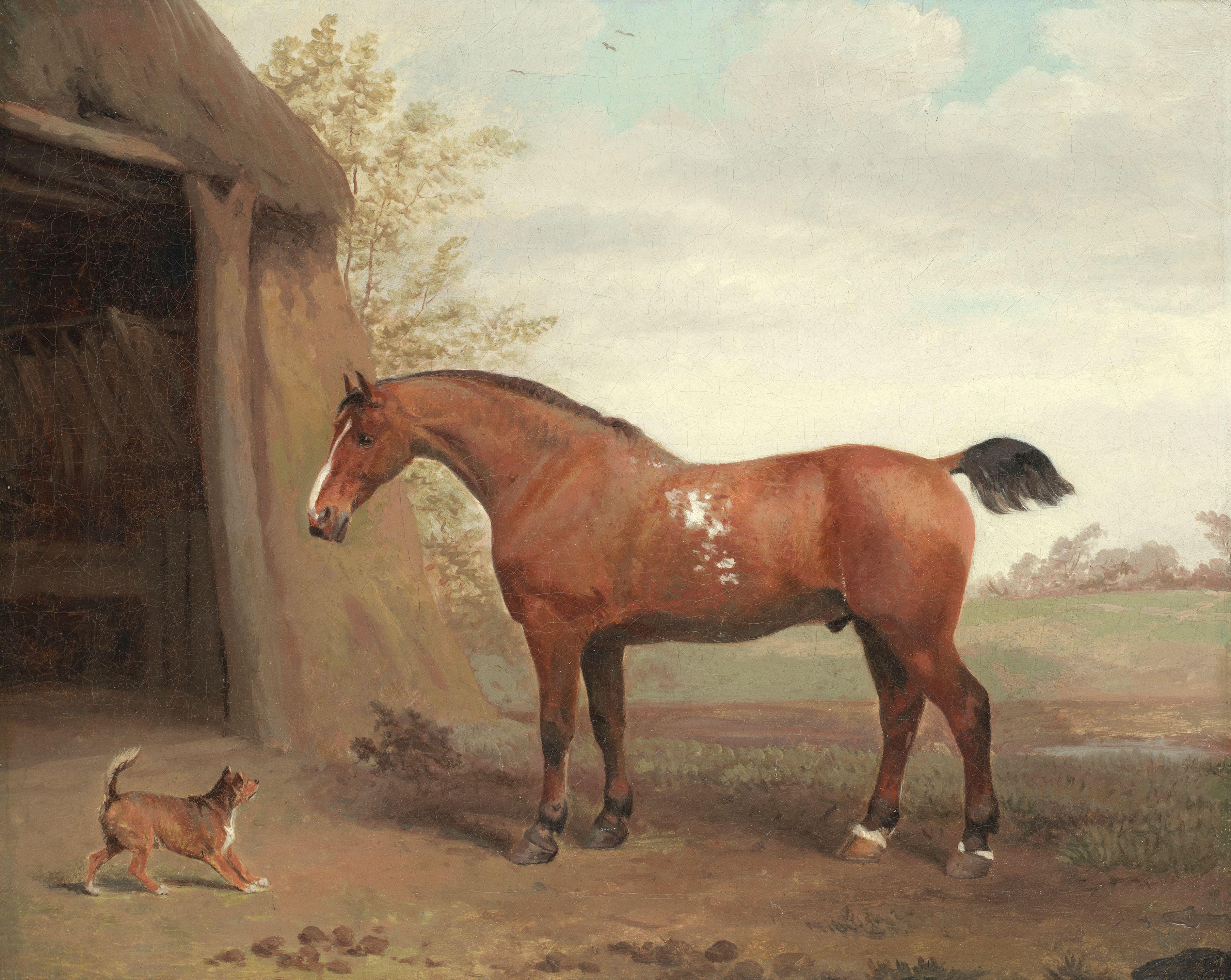 George Garrard - A bay cob and terrier by a stable