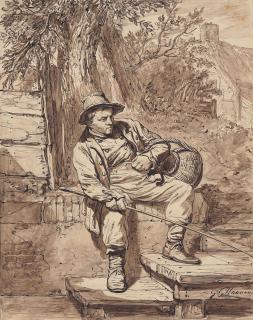 George Gillis Haanen - An angler seated by mooring steps