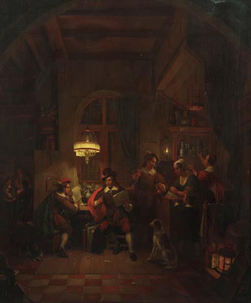 George Gillis Haanen - An artist showing designs to a client in a candle-lit tavern
