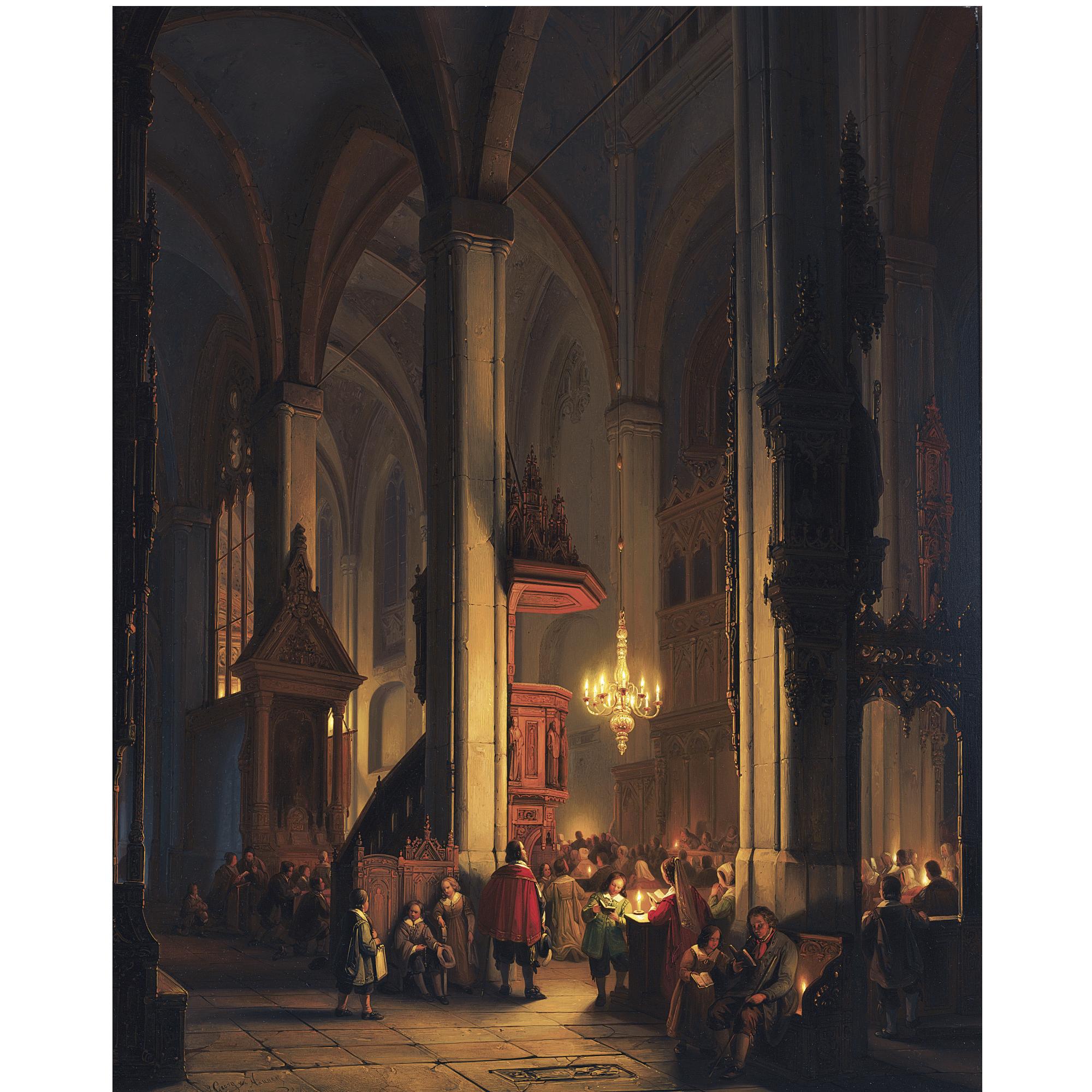 George Gillis Haanen - Dutch Evening Service In A Gothic Church