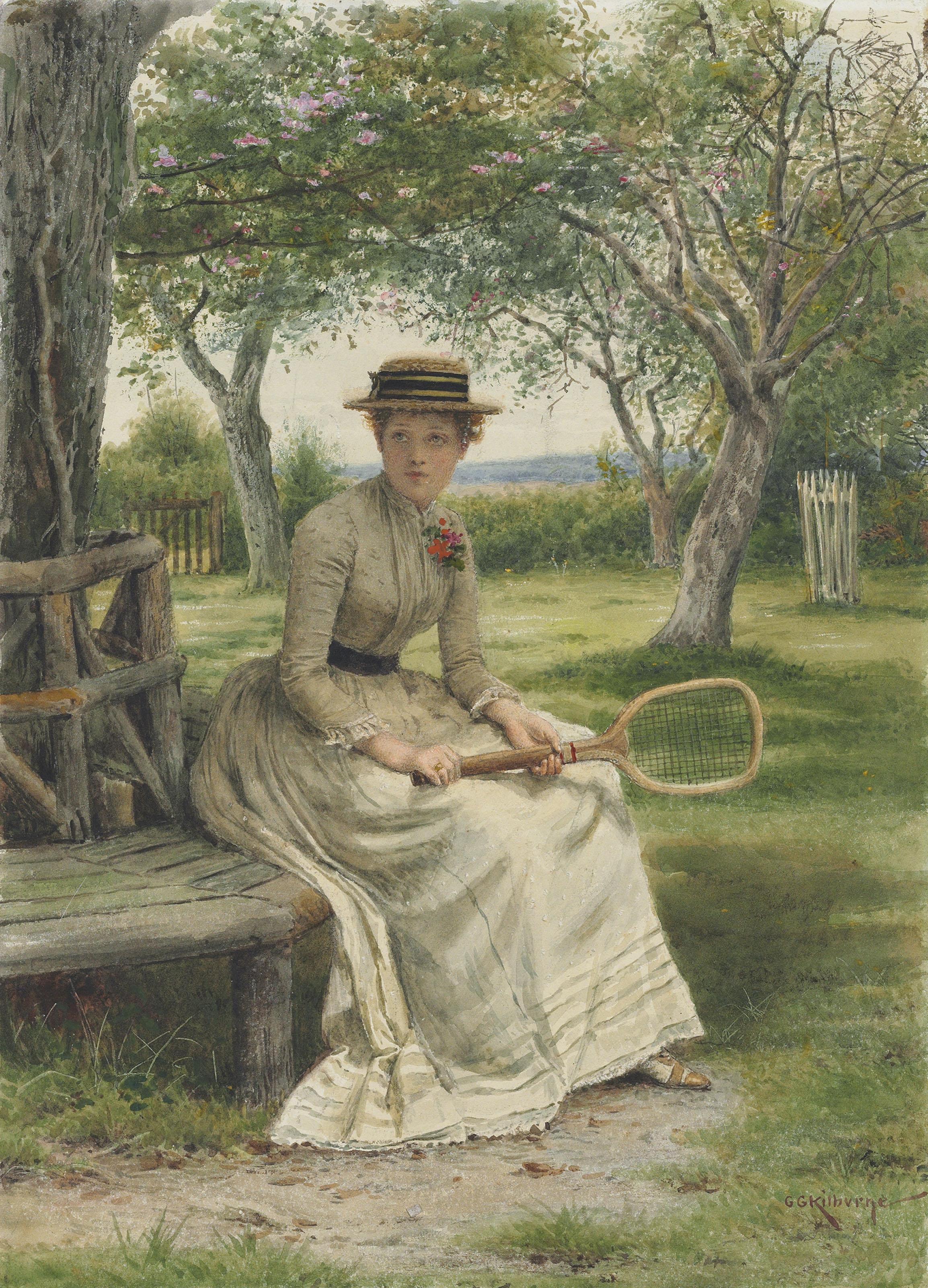 George Goodwin Kilburne, R.I., R.B.A. - A seated girl, holding a tennis racquet