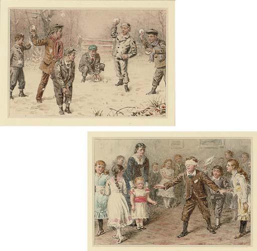 George Goodwin Kilburne, R.I. - The snowball fight; and Blind man\'s buff