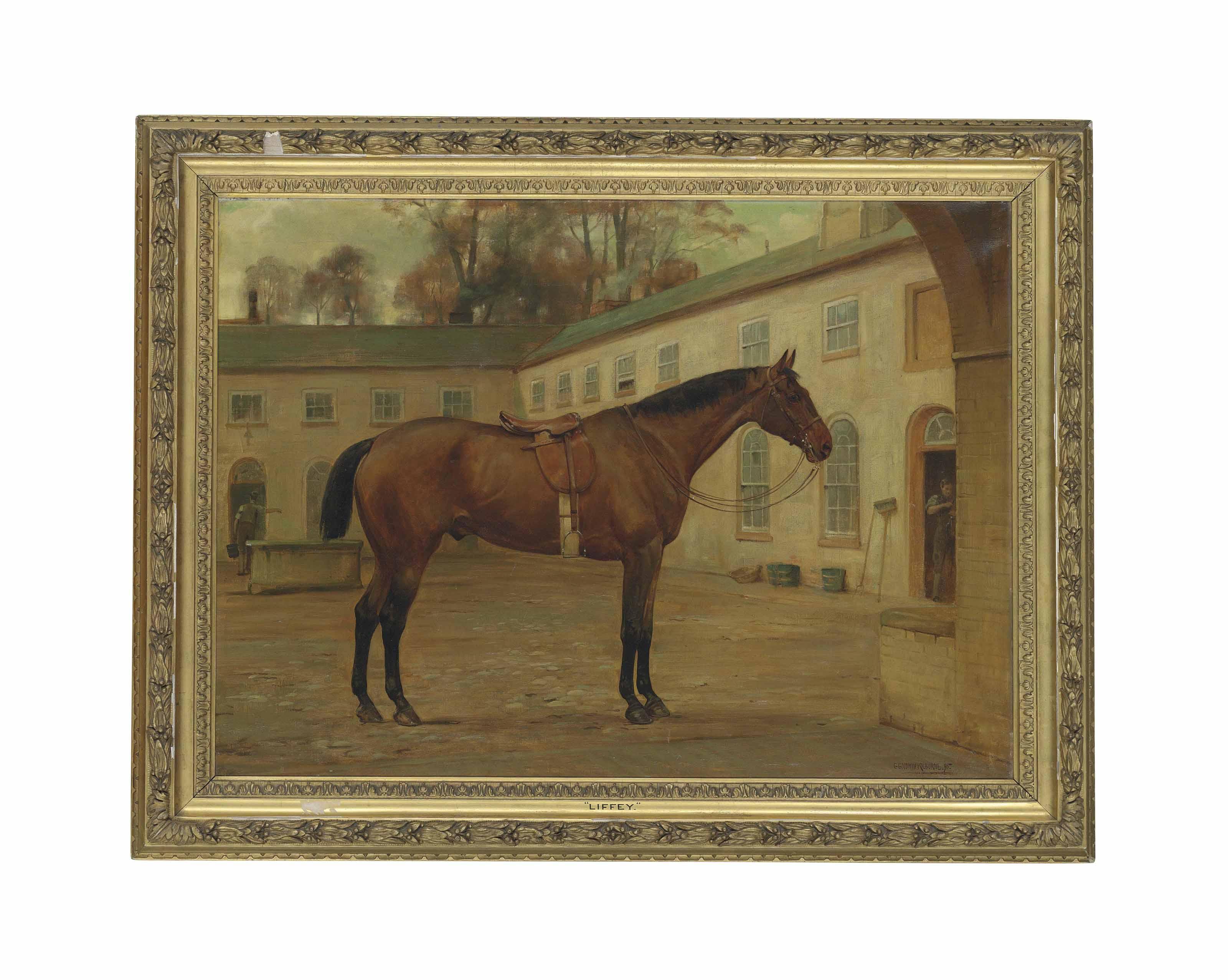 George Goodwin Kilburne - \'Liffey\', a saddled hunter in a stable yard
