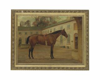 George Goodwin Kilburne - \'Liffey\', a saddled hunter in a stable yard