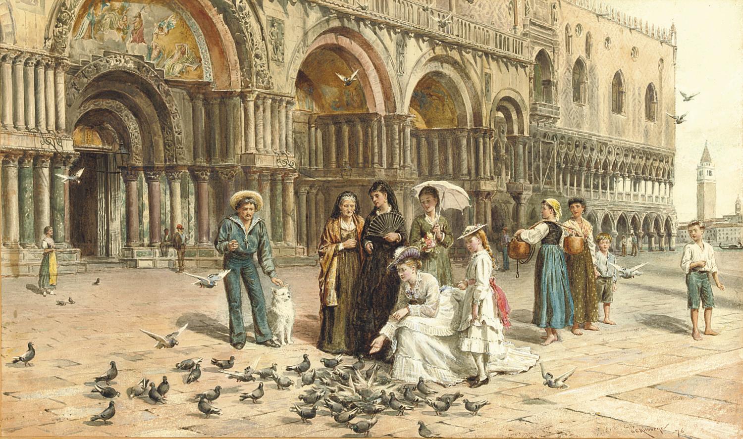 George Goodwin Kilburne - The pigeons of St Mark\'s, Venice, Italy
