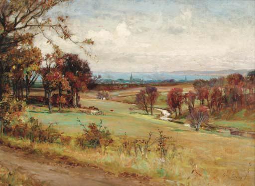 George Gray - A Scottish river landscape with a city beyond